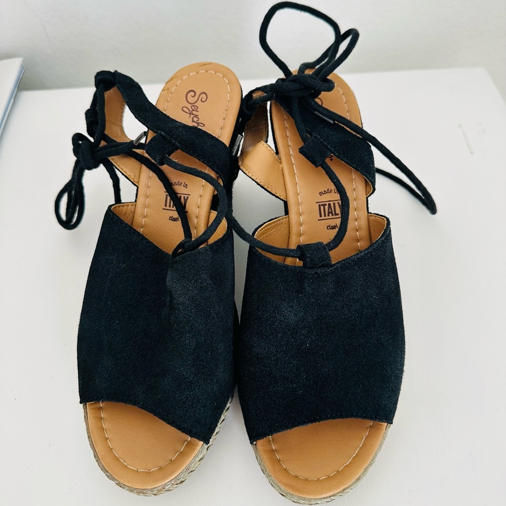 Made in Italy Seychelles Black Espadrilles Leather Wedges Size 7